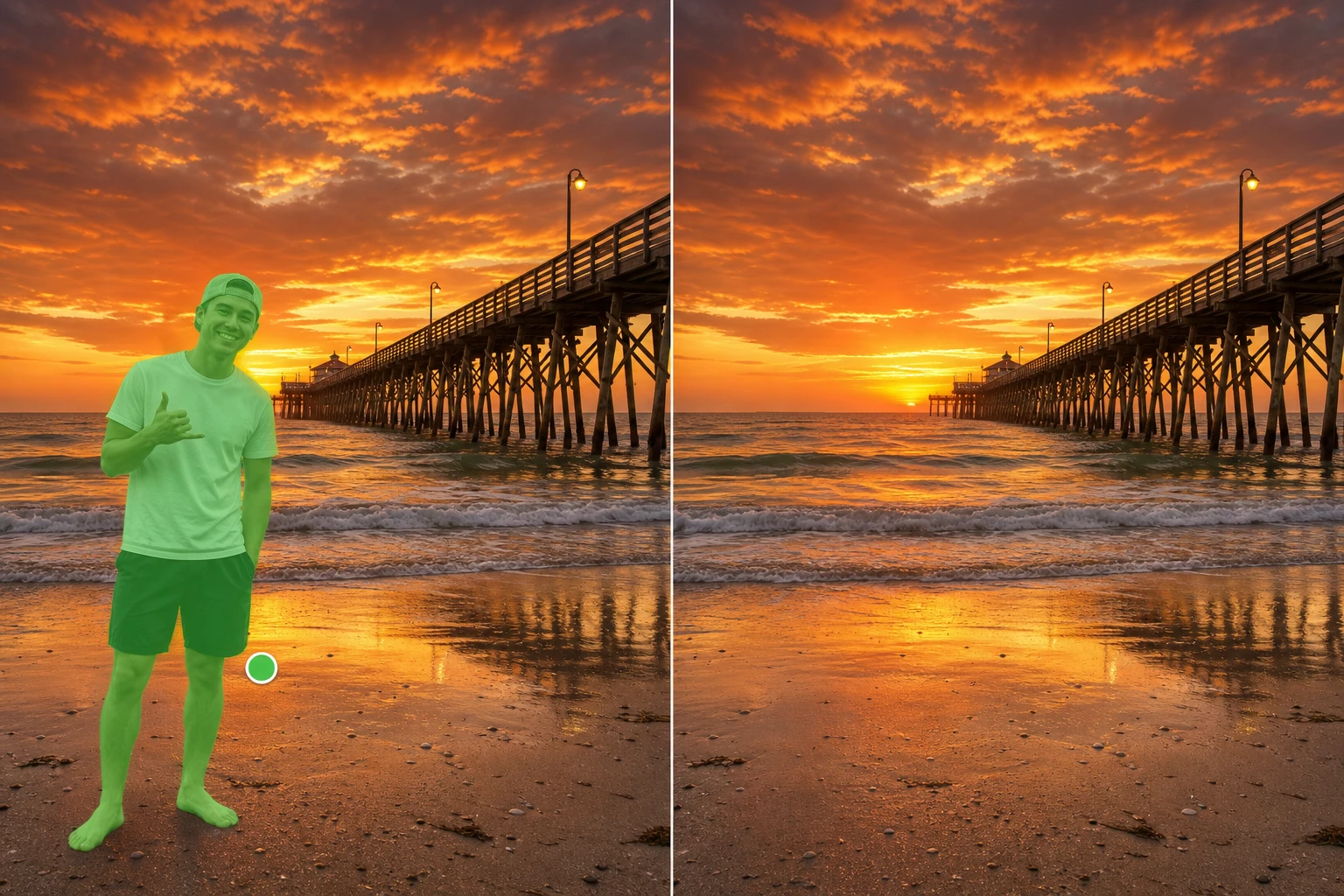 Before and after of an AI object remover clearing a passerby from a beach photo