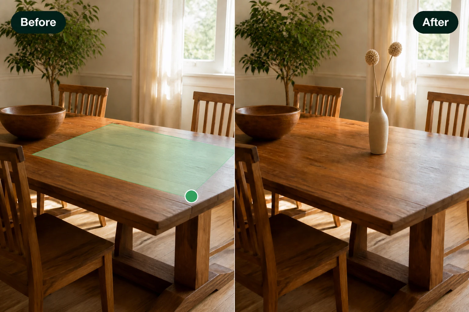 Selected empty table space filled with a new vase using generative fill