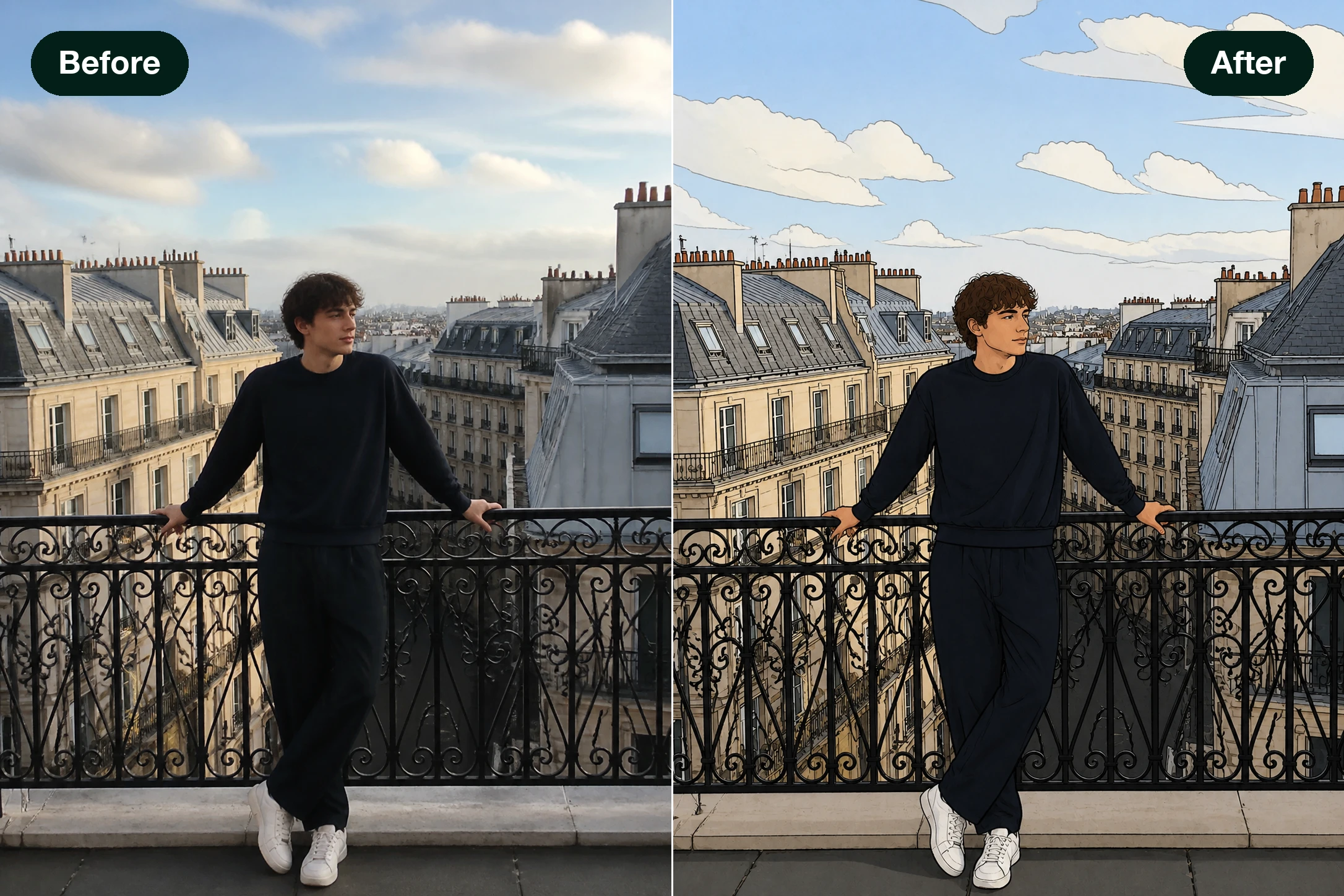 Travel portrait restyled as a hand drawn illustration in EditImage
