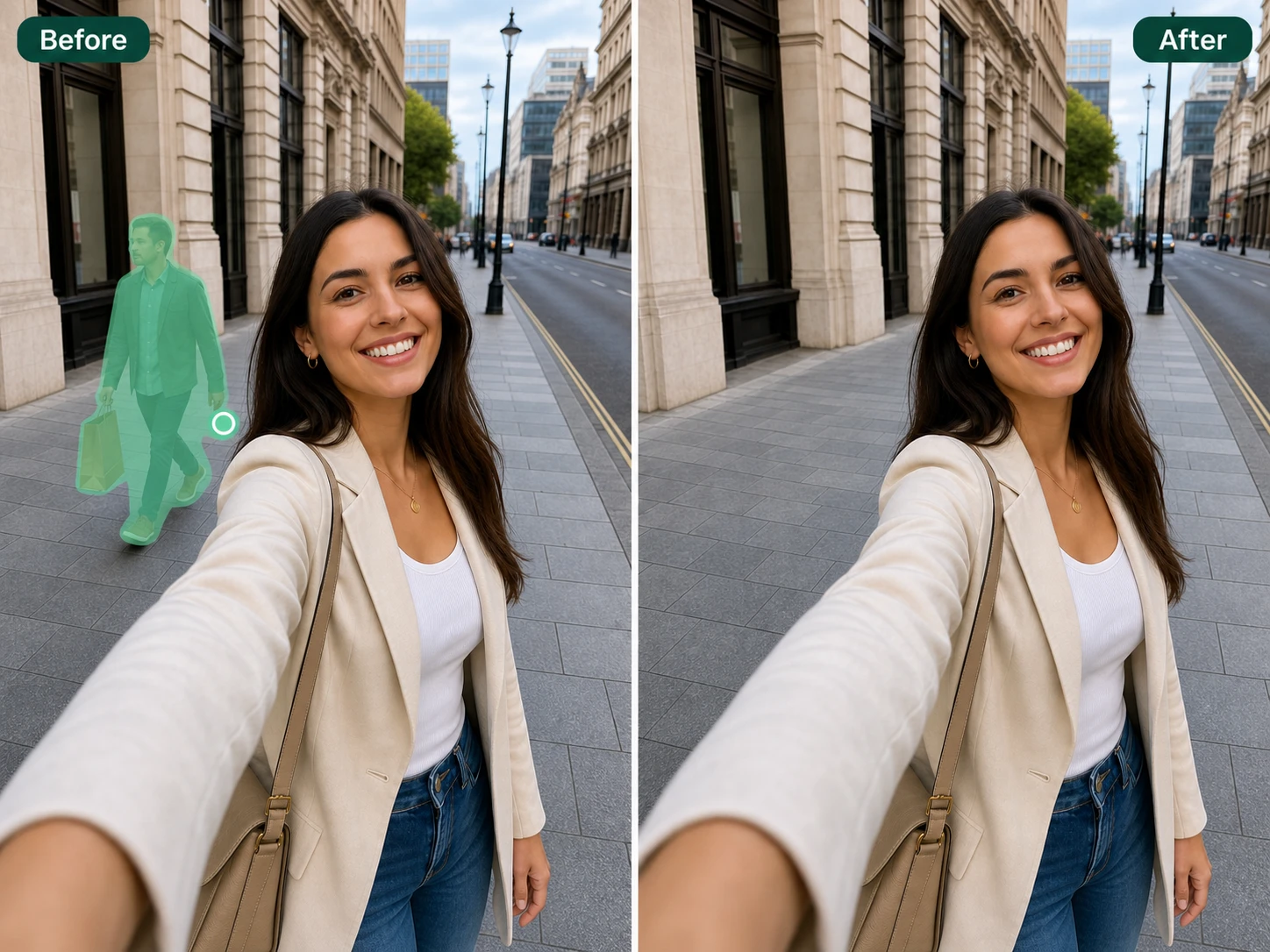 A hand holding a phone showing a polished travel selfie ready to post