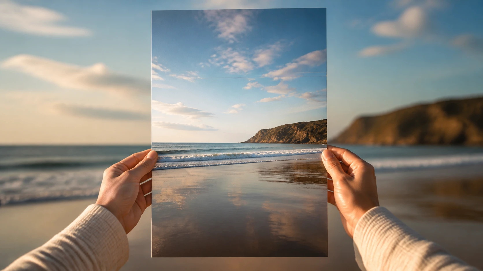 A landscape photo widened into a vertical frame with new sky and ground painted beyond its edges