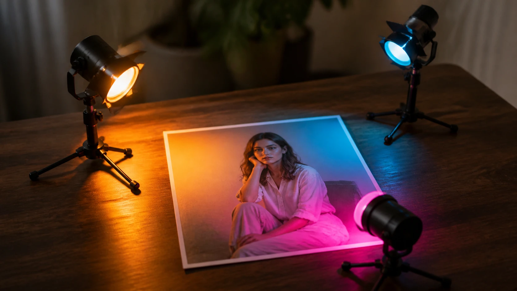 Several light sources added to one photo, each with its own color and direction
