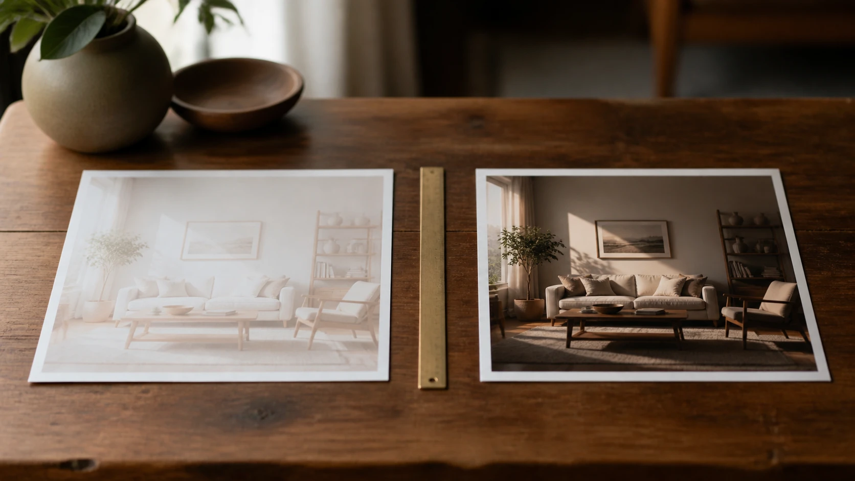 A brightened frame next to a relit frame showing shadows that moved with the light