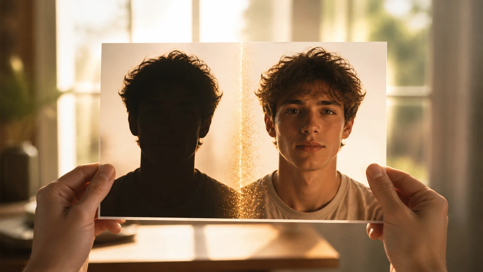 A backlit portrait relit in EditImage, the face bright again while the window light behind stays