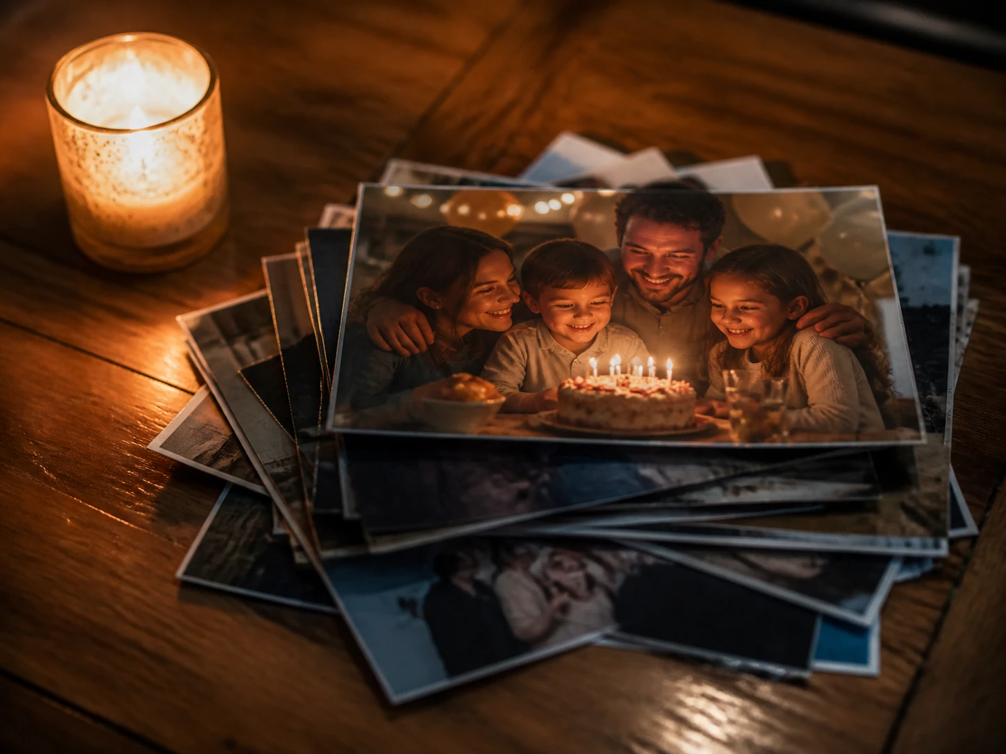 Dark family party photos relit so the faces are easier to see in the archive