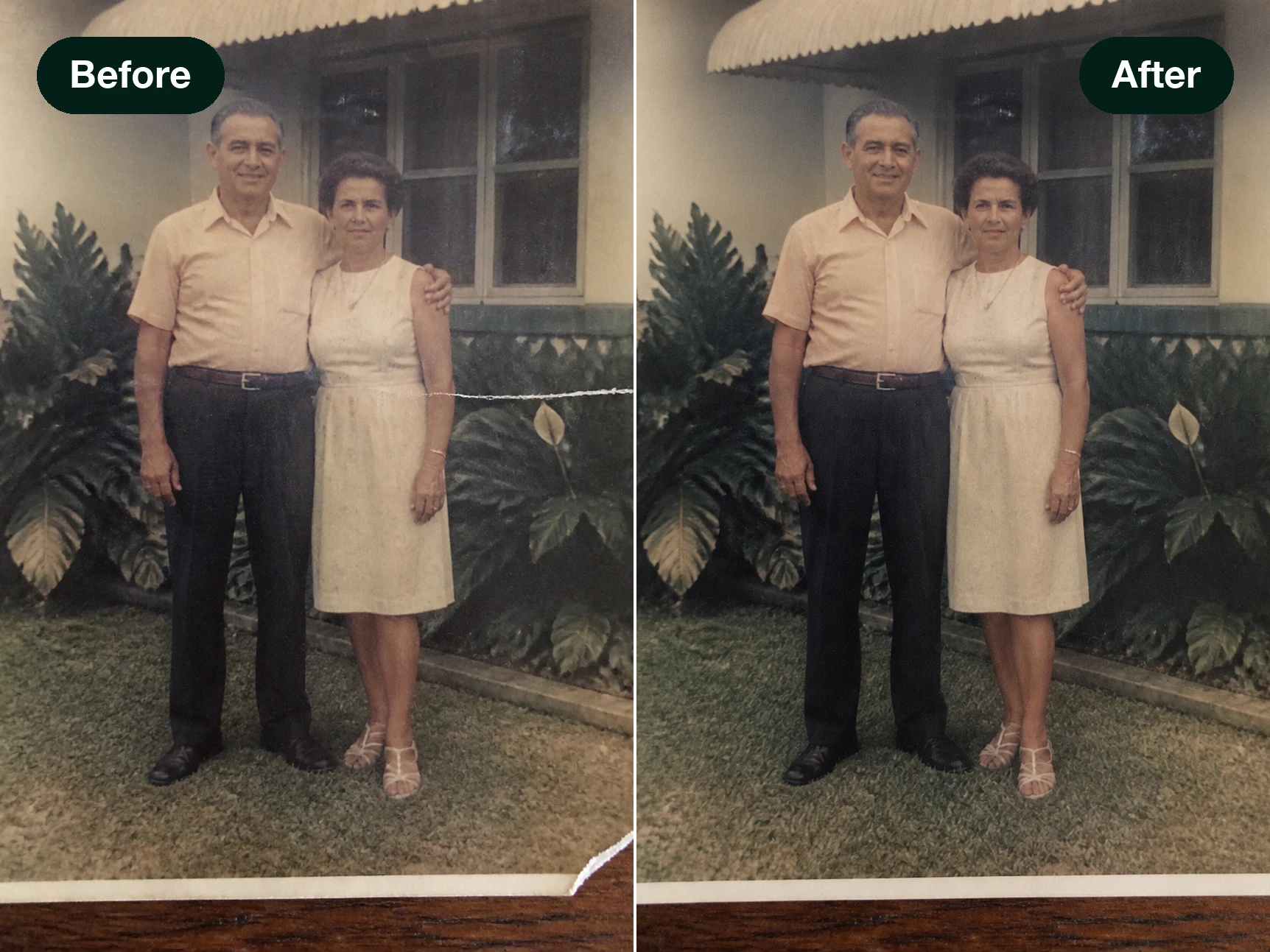 Vecchia foto di famiglia con una piega e una macchia contornate per il ritocco