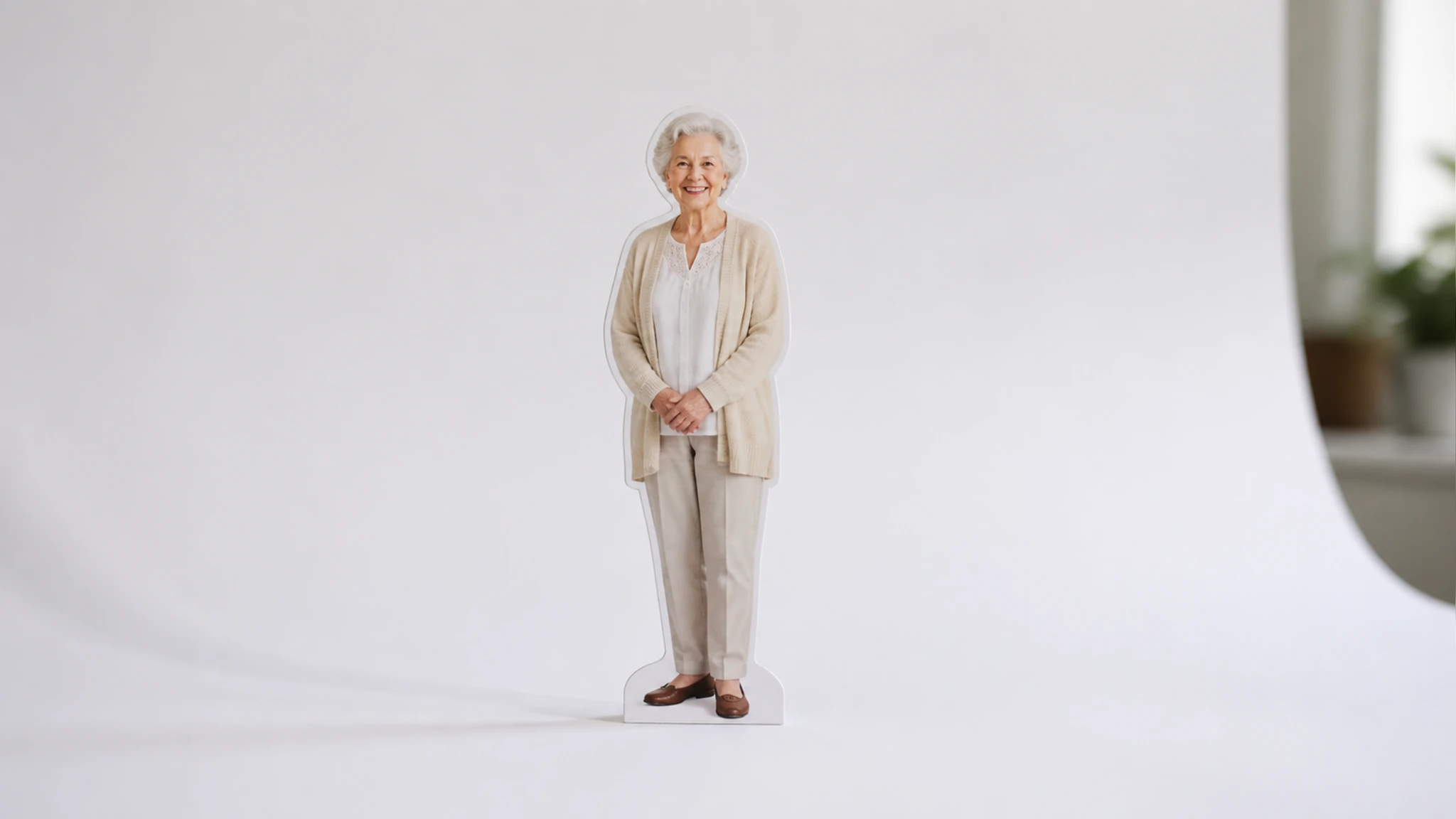 Portrait shown on a white backdrop and again on a new outdoor scene backdrop