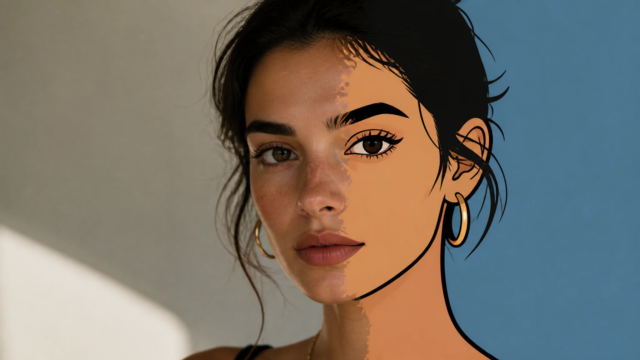A photo beside its one click cartoon version with bold outlines and flat color