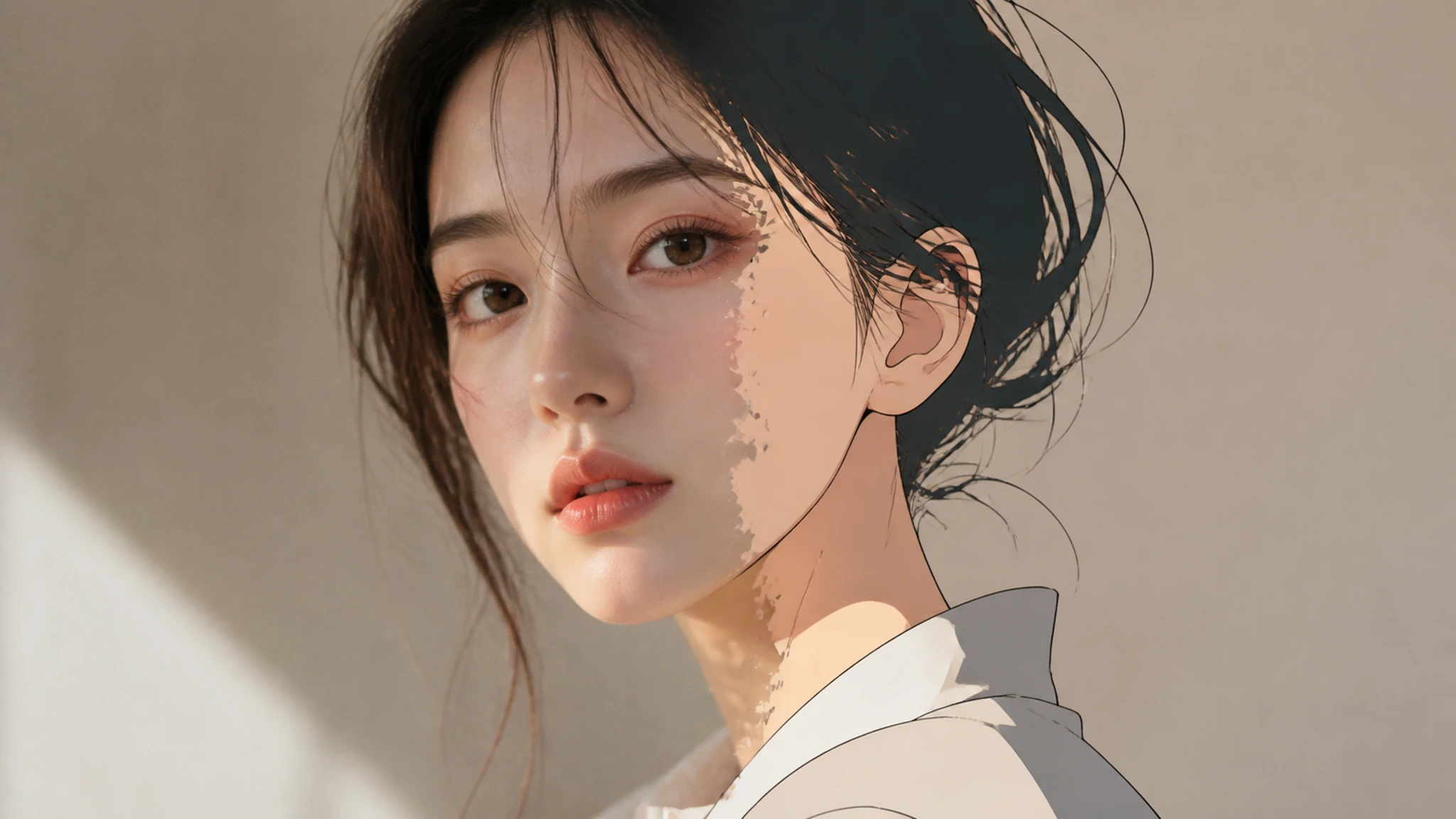 A portrait restyled into an anime character with genre shading and line work