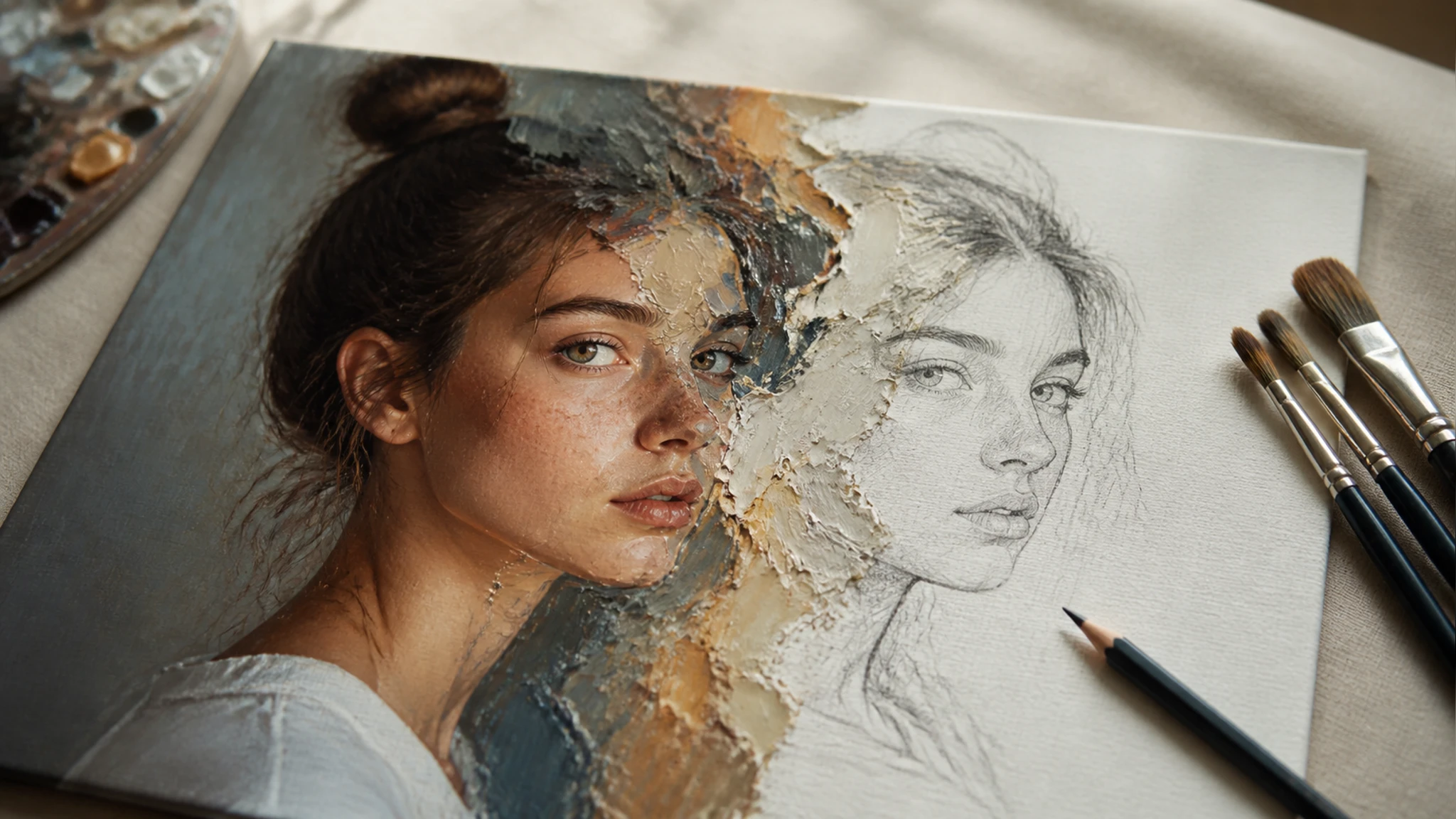 A landscape converted to a painting with brush texture beside a pencil sketch