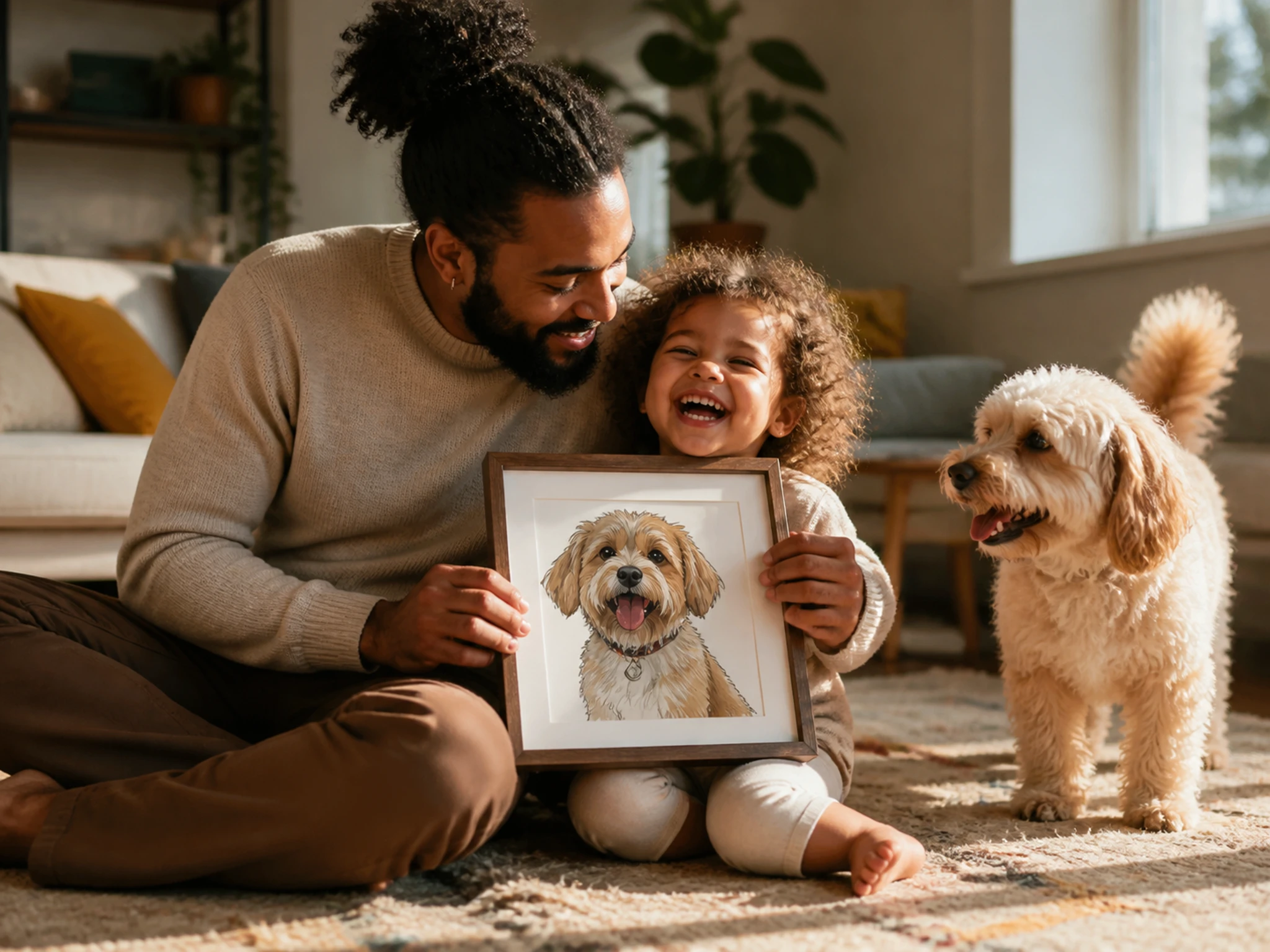 A framed cartoon-style family portrait with a pet displayed on a mantel shelf